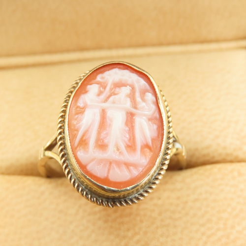 1026 - The Three Graces Cameo Set 9 Carat Yellow Gold Ring Attractively Detailed Ring Size U