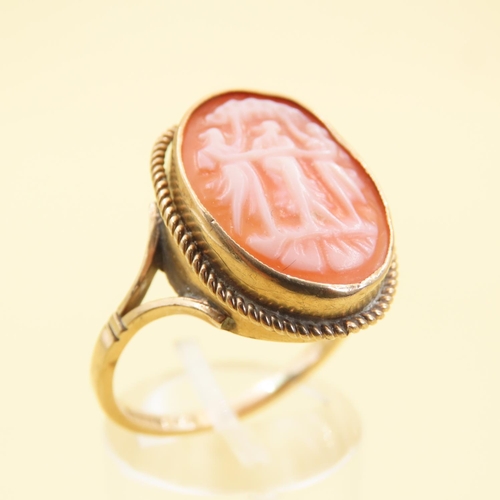 1026 - The Three Graces Cameo Set 9 Carat Yellow Gold Ring Attractively Detailed Ring Size U