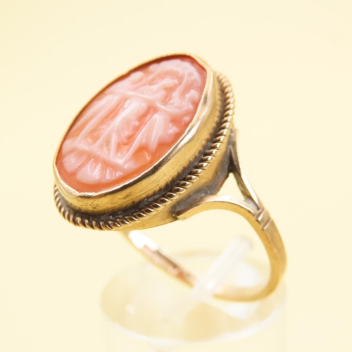 1026 - The Three Graces Cameo Set 9 Carat Yellow Gold Ring Attractively Detailed Ring Size U