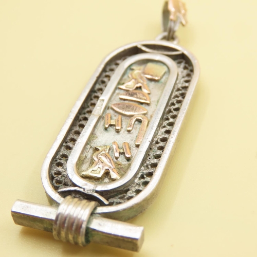 1030 - Egyptian Cartouchee Silver Pendant With 9 Carat Rose Gold Detailing Approximately 5cm High