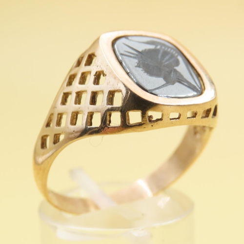 1045 - Hematite Panel Set Gentleman's Signet Ring Mounted on 9 Carat Yellow Gold Band Size W