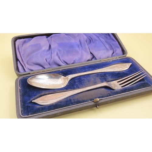 1062 - Silver Presentation Fork and Spoon Contained within Original Presentation Case Each 16cm Long