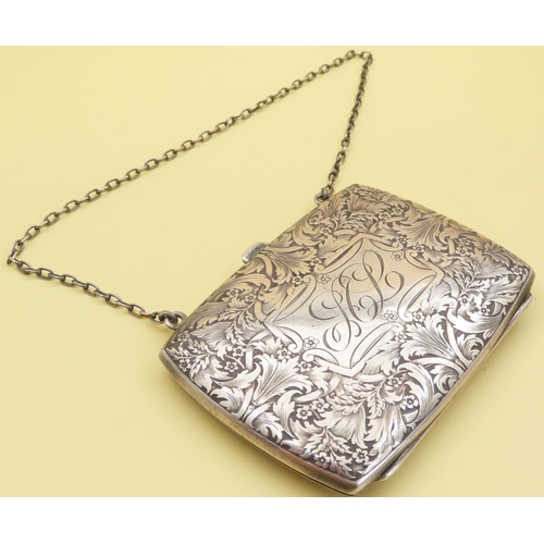 1065 - Silver Ladies Evening Purse Silk Lined Interior Original Silver Carry Chain Attractively Engraved 9c... 