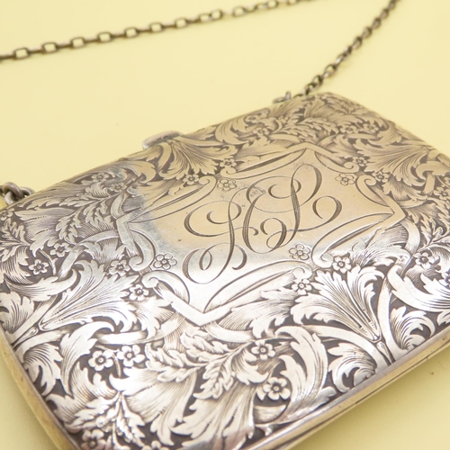 1065 - Silver Ladies Evening Purse Silk Lined Interior Original Silver Carry Chain Attractively Engraved 9c... 