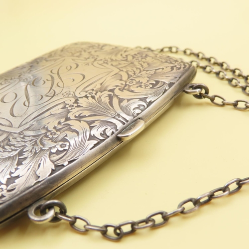 1065 - Silver Ladies Evening Purse Silk Lined Interior Original Silver Carry Chain Attractively Engraved 9c... 