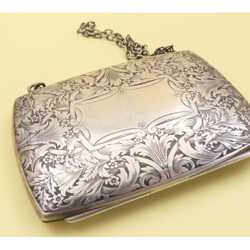 1065 - Silver Ladies Evening Purse Silk Lined Interior Original Silver Carry Chain Attractively Engraved 9c... 