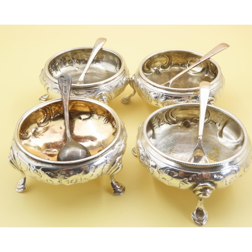 1070 - Set of Four Silver Table Salts Circular Form Shaped Supports Attractively Detailed Each 6cm Diameter... 