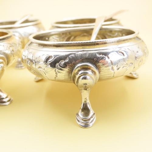 1070 - Set of Four Silver Table Salts Circular Form Shaped Supports Attractively Detailed Each 6cm Diameter... 