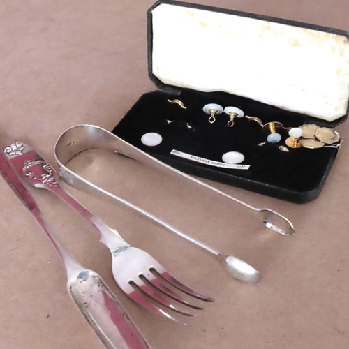 Silver Marrow Spoon, Table Fork Sugar Nips and Various Shirt Blouse Buttons