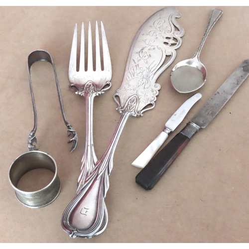 1075 - Silver Napkin Holder Serving Knife and Fork Sugar Tongs and Others As Photographed