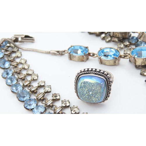 1092 - Two Blue Topaz Set Silver Necklaces and Daisy Motif Crystal Silver Ring Size P