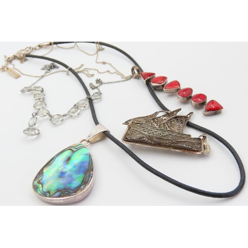 1096 - Various Silver Necklaces Including Mother of Pearl and Coral Examples