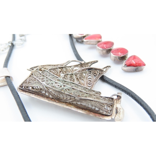 1096 - Various Silver Necklaces Including Mother of Pearl and Coral Examples