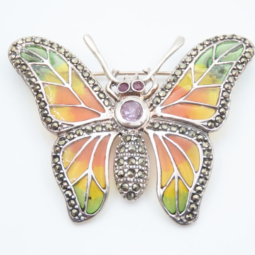 1101 - Butterfly Motif Silver Plaque du Jour Brooch with Amethyst and Ruby Details Attractively Detailed 5c... 