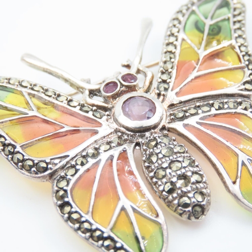 1101 - Butterfly Motif Silver Plaque du Jour Brooch with Amethyst and Ruby Details Attractively Detailed 5c... 