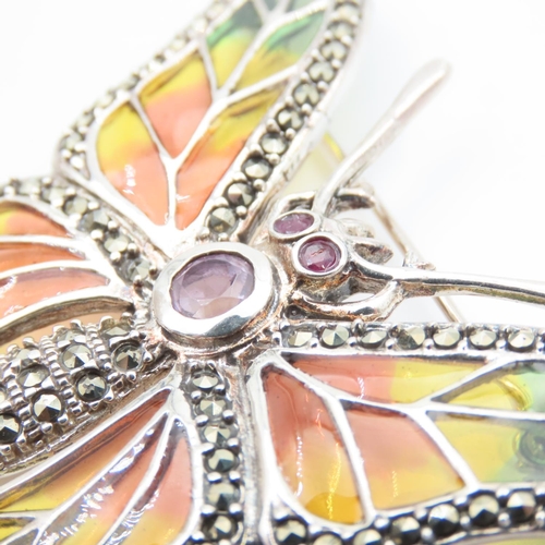 1101 - Butterfly Motif Silver Plaque du Jour Brooch with Amethyst and Ruby Details Attractively Detailed 5c... 