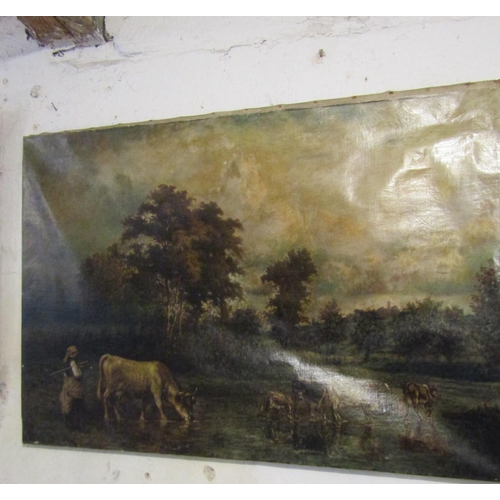 160 - Victorian School Cattle by River with Figure Oil on Canvas Approximately 26 Inches High x 36 Inches ... 