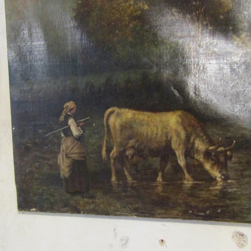 160 - Victorian School Cattle by River with Figure Oil on Canvas Approximately 26 Inches High x 36 Inches ... 