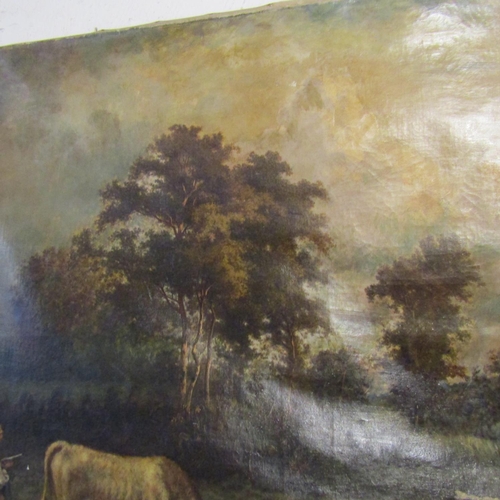 160 - Victorian School Cattle by River with Figure Oil on Canvas Approximately 26 Inches High x 36 Inches ... 