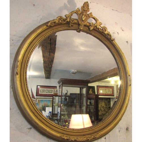 162 - Gilded Circular Form Wall Mirror Upper Cartouche Decoration Approximately 28 Inches Diameter