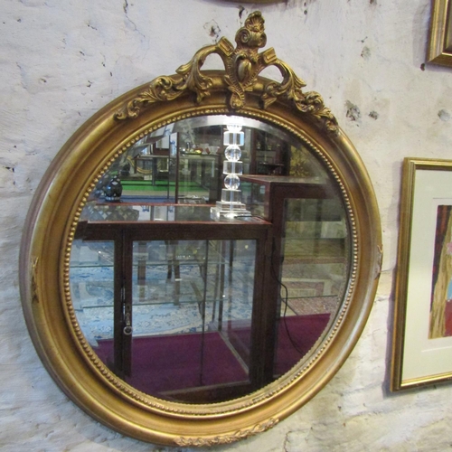 162A - Matching Gilded Circular Form Wall Mirror Upper Cartouche Decoration Approximately 28 Inches Diamete... 