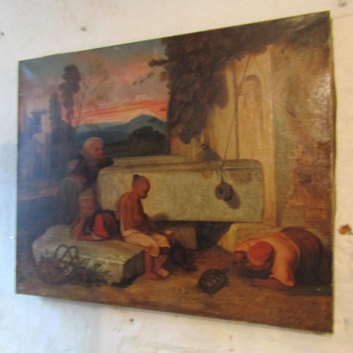 163 - Victorian School Scene with Three Figures with Turtle Orientalist Scene Oil on Canvas Approximately ... 