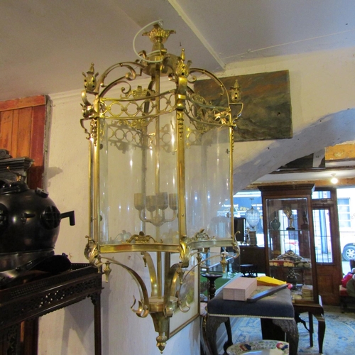 167 - Imposing Ceiling Lantern Cast Brass Concave Inset Glass Panels Approximately 32 Inches High