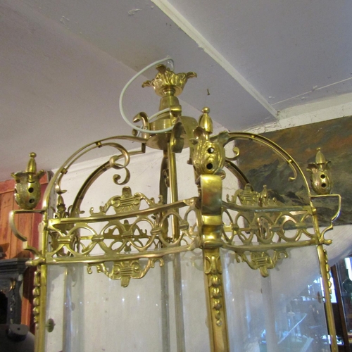 167 - Imposing Ceiling Lantern Cast Brass Concave Inset Glass Panels Approximately 32 Inches High