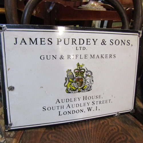 174 - James Purdey and Sons Gun Makers Sign Enamel on Metal Approximately 14 Inches Wide