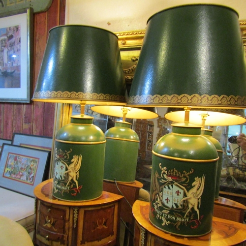 175 - Pair of Toleware Green Ground Tea Cannister Table Lamps with Toleware Gilt Decorated Shades Each Ele... 