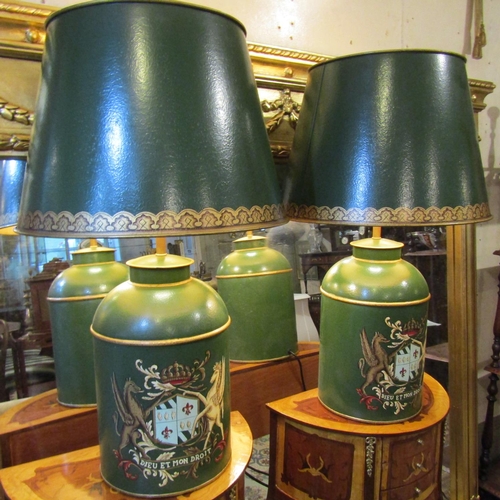 175 - Pair of Toleware Green Ground Tea Cannister Table Lamps with Toleware Gilt Decorated Shades Each Ele... 