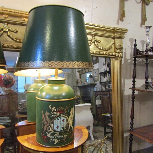 175 - Pair of Toleware Green Ground Tea Cannister Table Lamps with Toleware Gilt Decorated Shades Each Ele... 