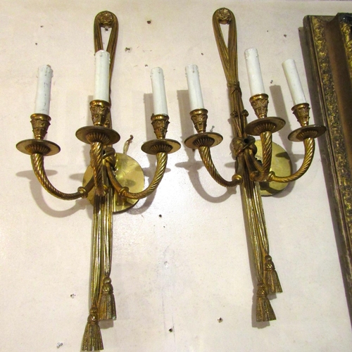 181 - Pair of Three Sconce Gilded Brass Side Wall Lights Each Approximately 18 Inches High