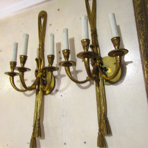 181 - Pair of Three Sconce Gilded Brass Side Wall Lights Each Approximately 18 Inches High