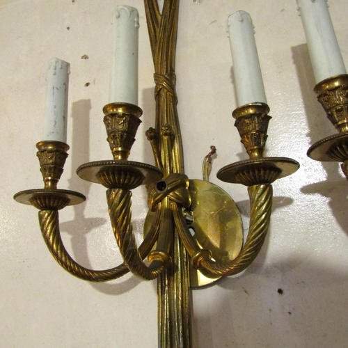 181 - Pair of Three Sconce Gilded Brass Side Wall Lights Each Approximately 18 Inches High