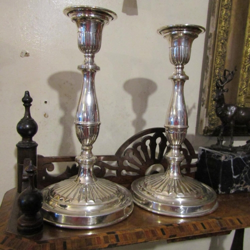 182 - Two Pairs of Silver Plated Candle Sticks Turn Pedestal Form and Silver Plated Three Sconce Candelabr... 