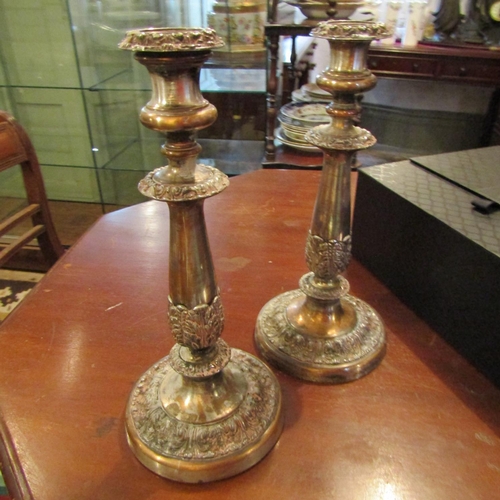 182 - Two Pairs of Silver Plated Candle Sticks Turn Pedestal Form and Silver Plated Three Sconce Candelabr... 