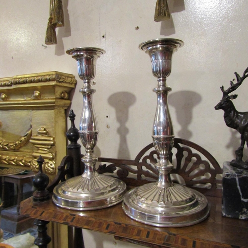 182 - Two Pairs of Silver Plated Candle Sticks Turn Pedestal Form and Silver Plated Three Sconce Candelabr... 