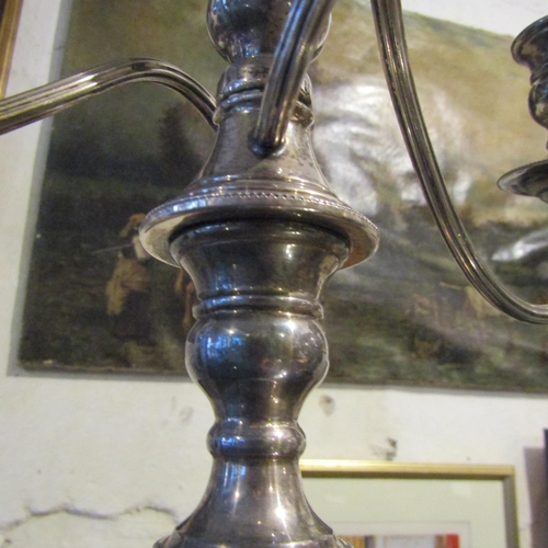 182 - Two Pairs of Silver Plated Candle Sticks Turn Pedestal Form and Silver Plated Three Sconce Candelabr... 