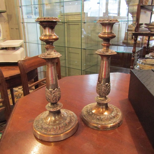 182 - Two Pairs of Silver Plated Candle Sticks Turn Pedestal Form and Silver Plated Three Sconce Candelabr... 