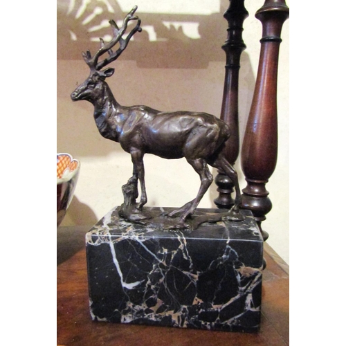 184 - Bronze Sculpture Stag Mounted on Rectangular Four Marble Base Approximately 8 Inches High