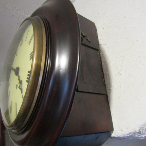 187 - Mahogany Circular Form Wall Clock Roman Numeral Decorated Dial Key and Pendulum Present