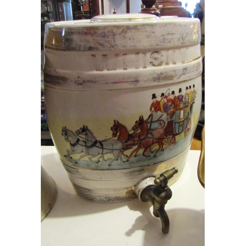 193 - Antique Whiskey Tavern Barrel Coaching Scene Original Tap Present Approximately 20 Inches High