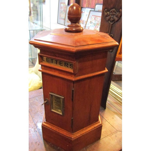 196 - Estate Hallway Postbox with Inset Brass Panel Carved Mahogany Key Present Approximately 16 Inches Hi... 