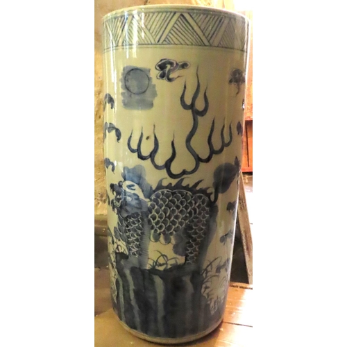 200B - Oriental Blue and White Stick and Umbrella Stand Circulated Form Decorated with Dragons Fired Earthe... 