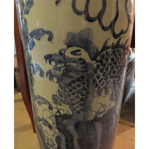 200B - Oriental Blue and White Stick and Umbrella Stand Circulated Form Decorated with Dragons Fired Earthe... 