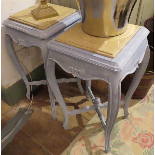 200L - Pair of French Blue Painted Carved Side Tables with Inset Marble Tops Square Form Above Shape Suppor... 