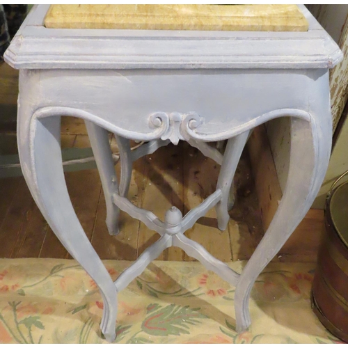 200L - Pair of French Blue Painted Carved Side Tables with Inset Marble Tops Square Form Above Shape Suppor... 