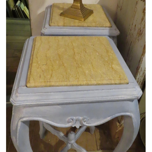 200L - Pair of French Blue Painted Carved Side Tables with Inset Marble Tops Square Form Above Shape Suppor... 