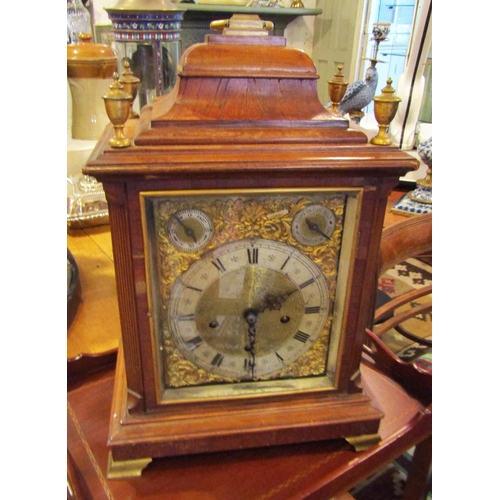 202 - Antique Mantle Clock Walnut Case Finial Decoration Brass and Silver Dial Attractively Detailed Good ... 